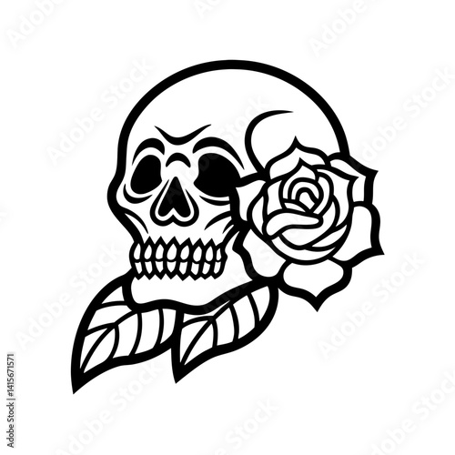 skull with rose flowers line art vector illustration gothic floral dark tattoo skeleton spooky mysterious
