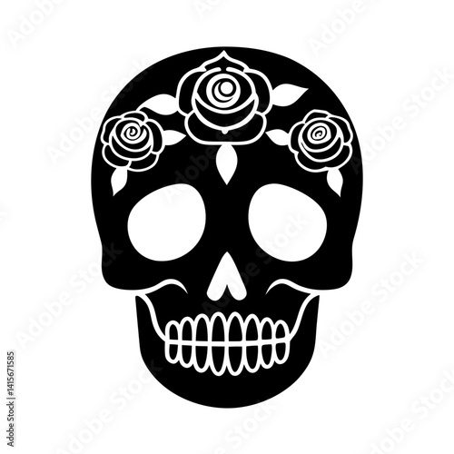 skull with rose flowers silhouette vector illustration gothic floral dark tattoo skeleton spooky mysterious