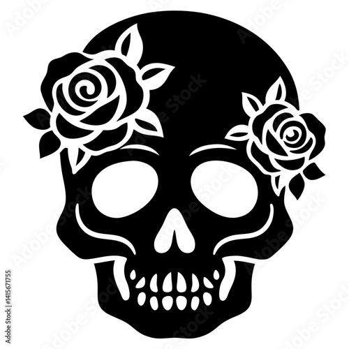 skull with rose flowers silhouette vector illustration gothic floral dark tattoo skeleton spooky mysterious