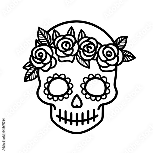 skull with rose flowers line art vector illustration gothic floral dark tattoo skeleton spooky mysterious
