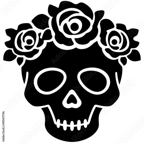 skull with rose flowers silhouette vector illustration gothic floral dark tattoo skeleton spooky mysterious