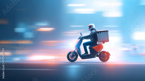 food delivery rider on scooter with thermal bag speeds through city street at night, creating dynamic and energetic scene with blurred lights