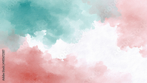 Soft watercolor backdrop with splash textures in pastel teal and pink hues, creating calming and artistic abstract design. Perfect for creative projects and backgrounds