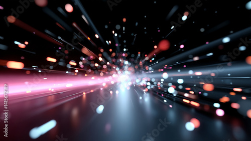 Dynamic digital tunnel with vibrant lights and particles creating sense of motion and energy. colorful streaks and glowing orbs evoke futuristic and immersive atmosphere