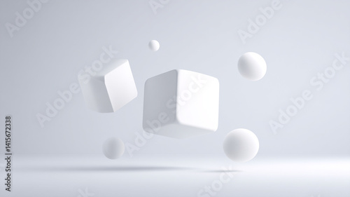 Minimalist white background with floating abstract 3D shapes, including cubes and spheres, creating serene and modern visual. composition is simple yet elegant