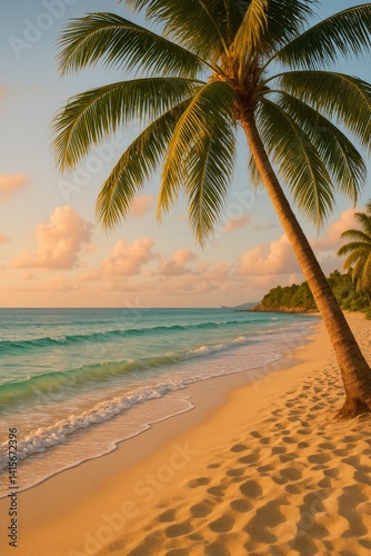 Peaceful Beach With Palm Trees and Gentle Waves During Sunset in Tropical Par...