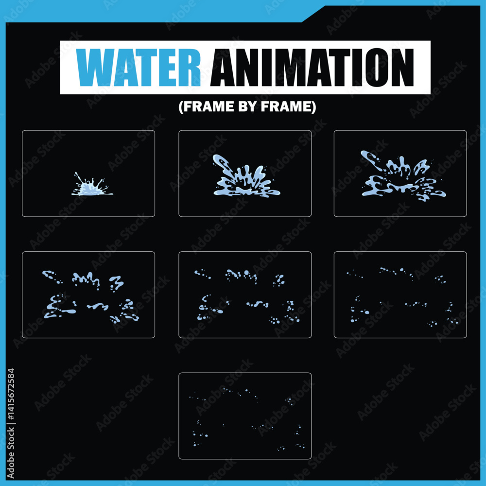 Obraz premium Water Splash, Shower Rain, Bubbles, Droplets, Drip, Flow, Wave, Burst, Explosion, Ripples, Curling Swirl – 2D Water FX Sprite Sheet Vector Pack for Games and Motion Graphics