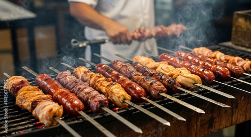 Brazilian barbecue with meat skewers grilling over coals, smoke rising.