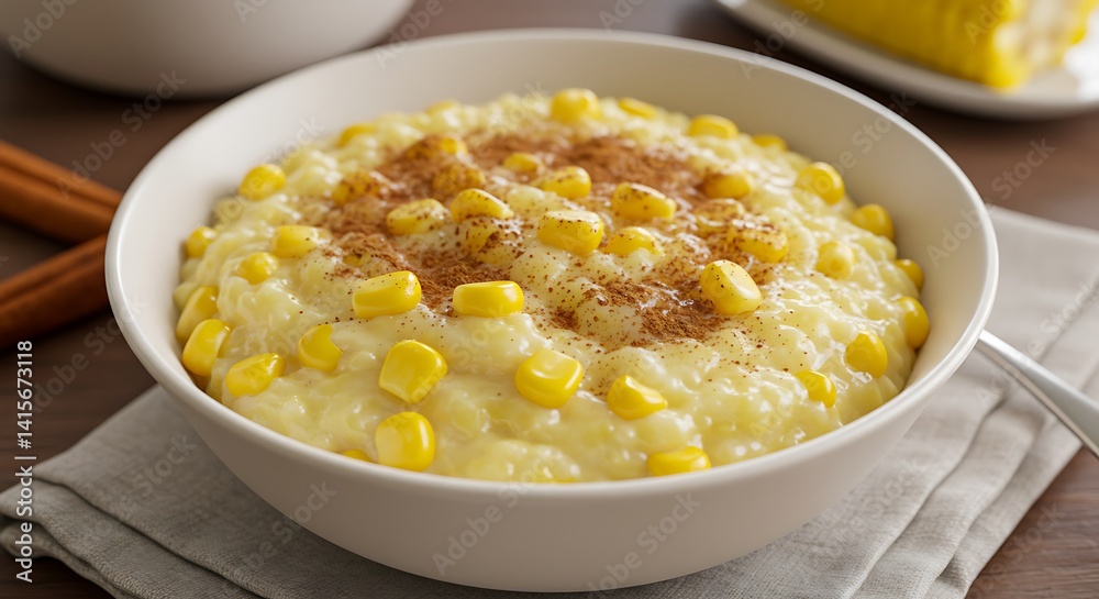 Traditional creamy canjica (sweet corn porridge) with cinnamon. Traditional creamy canjica (sweet corn porridge) with cinnamon.