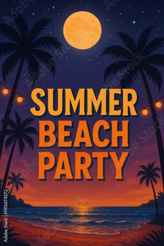 Enjoy Summer Beach Party Under the Moonlight With Palm Trees and String Light...