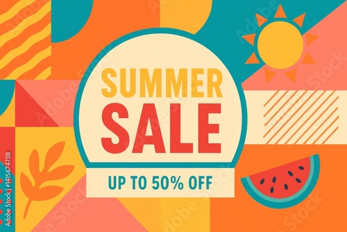 Creative Summer Time Fun Design Featuring Colorful Geometric Patterns and Pla...