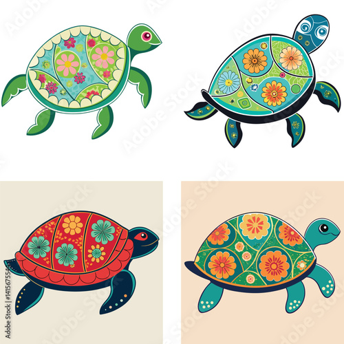 Four Decorative Turtle Illustrations With Floral Shells In Bright And Cheerful Colors