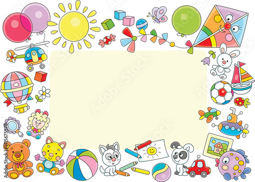 Childish colorful frame border for your text or photo with funny cartoony toys and baby animals, vector illustration on a white background
