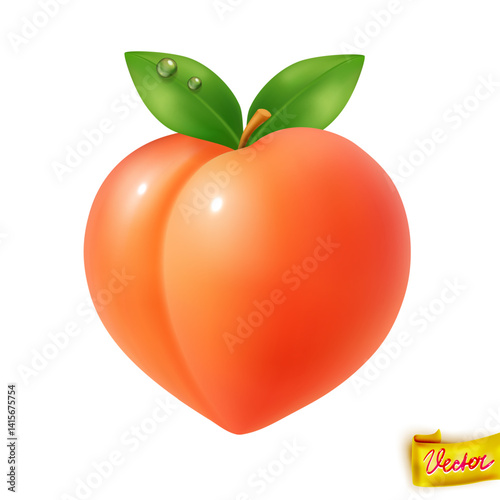 Glossy realistic vector peach with two green leaves and fresh water drops. Isolated on white background. Perfect for healthy food ads, fruit packaging, summer concepts, and organic branding