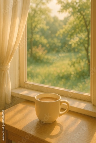 Warm Morning Light Streaming Through Window With a Cup of Coffee on Wooden Table