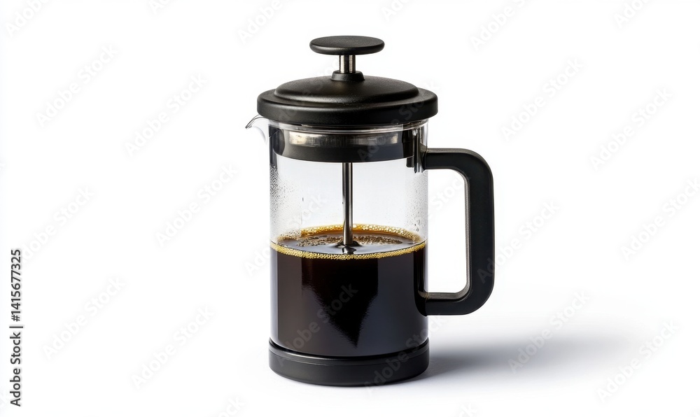Brewing coffee in glass French press, white background, morning beverage preparation Brewing coffee in glass French press, white background, morning beverage preparation