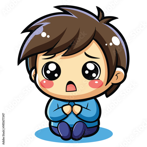 Cute boy with sad expression, sitting