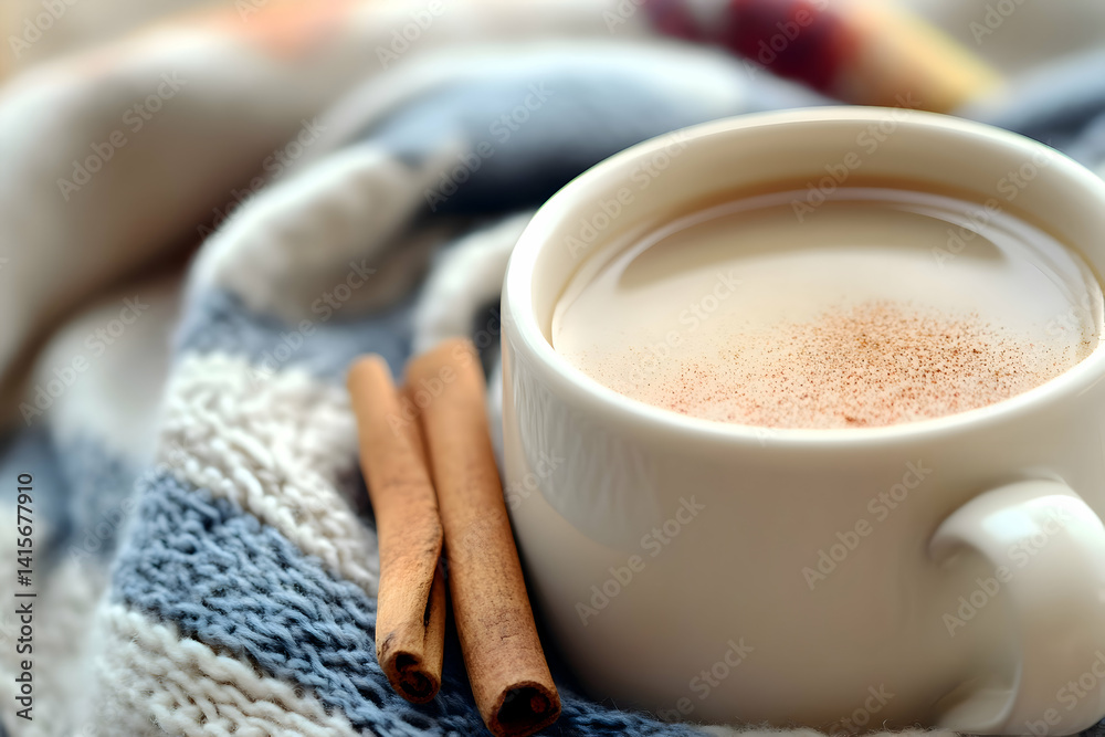 Cup of coffee with cinnamon sticks on a knitted blanket. Cup of coffee with cinnamon sticks on a knitted blanket.