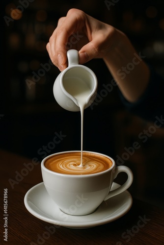 Coffee Preparation With Milk Pouring Into a Cup at a Cozy Cafe in the Morning