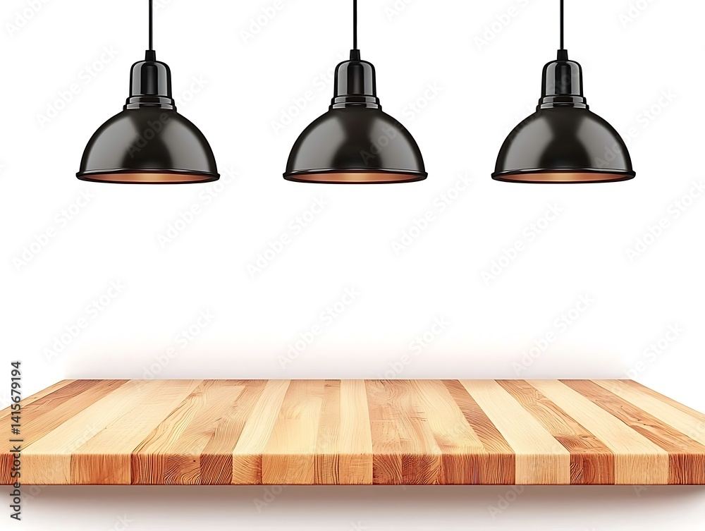 Obraz premium Modern pendant lamps over wooden countertop for stylish kitchen decor