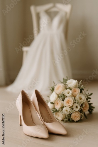 Elegant Wedding Shoes and Bouquet in a Bright Room Showcasing Bridal Preparat...
