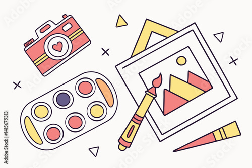 60 Colorful artist's palette, vibrant paint brushes, abstract art supplies, minimalist illustration, flat design, pastel background, geometric shapes, bold colors, graphic design elements, creative to