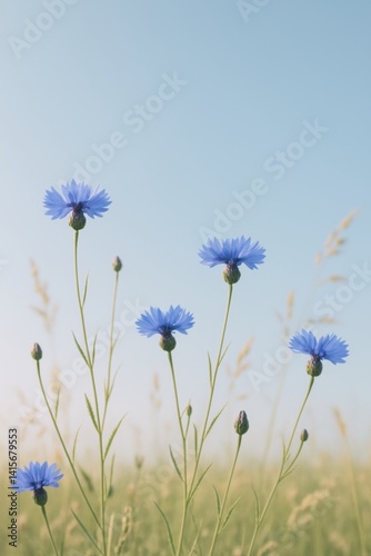 Blue Flowers Bloom Under a Clear Sky in a Sunny Meadow