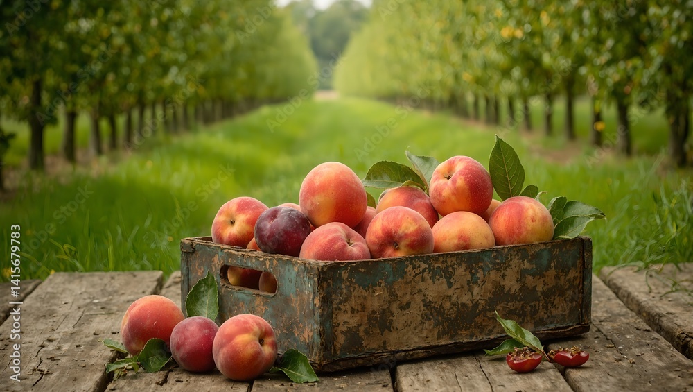 Rustic fruit crate with peaches plums and nectarines in soft light under overhanging branches in an old orchard Rustic fruit crate with peaches plums and nectarines in soft light under overhanging branches in an old orchard