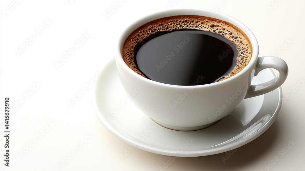 Hot, dark coffee in a white cup and saucer Hot, dark coffee in a white cup and saucer