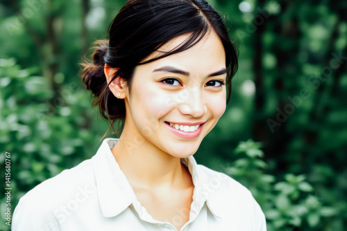 Obraz na płótnie Smiling Asian Woman Outdoors in Nature w salonie
