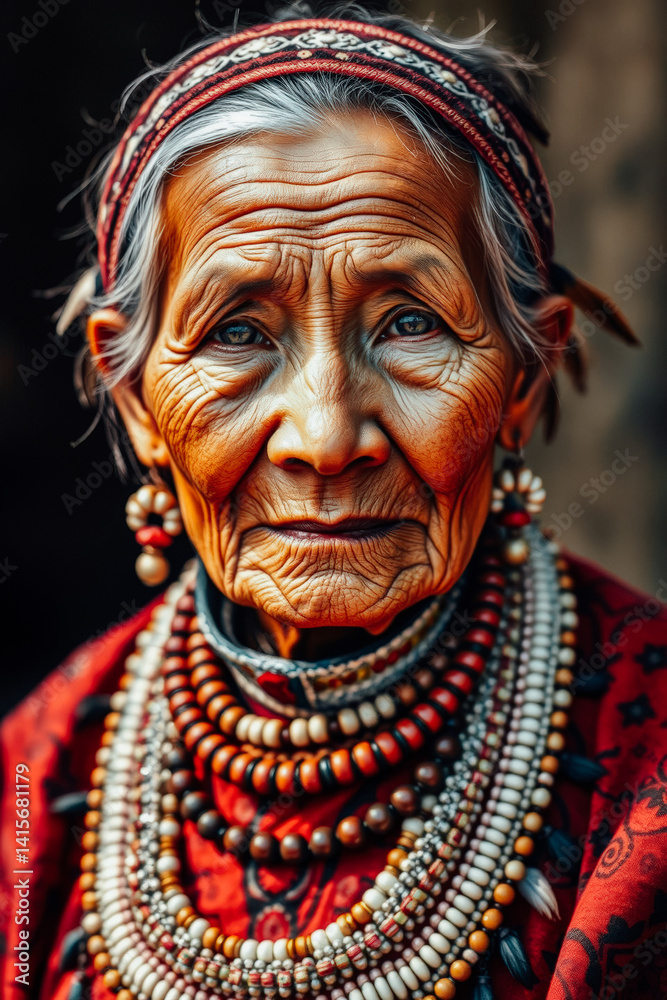 Elderly Tribal Woman with Intricate Traditional Jewelry