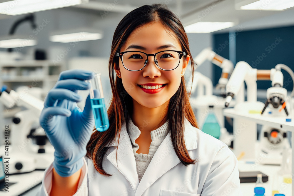 Smiling Scientist Holding Test Tube in Lab