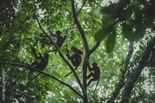 Monkeys swing from trees in rainforest foliage silhouette, A playful troop of monkeys swinging from tree to tree
