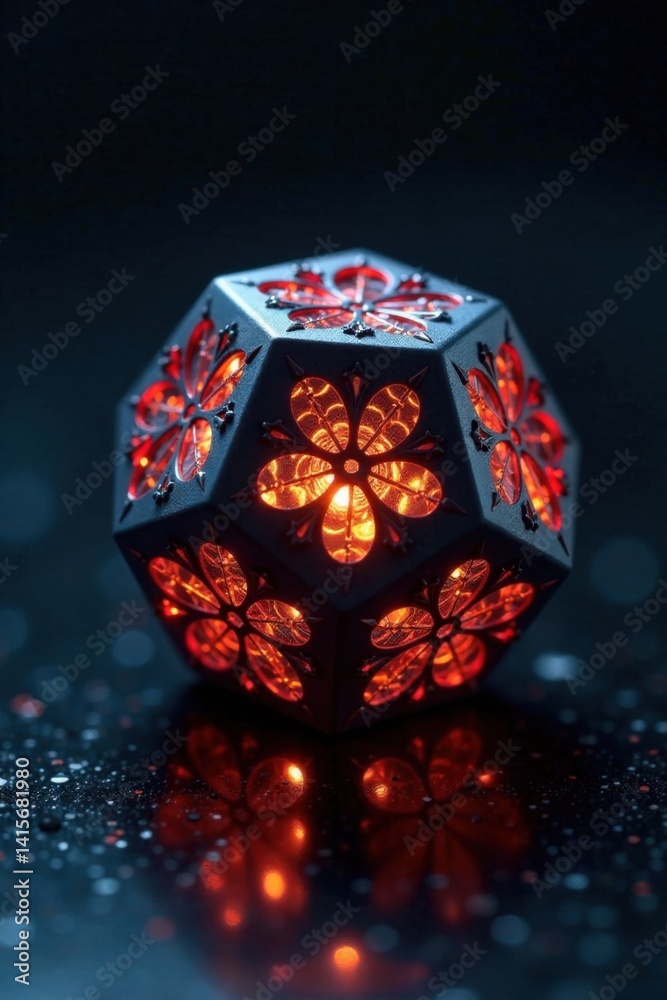 Obraz premium Dark metallic hexagonal prism with intricate patterns, glowing softly in low light, metal, dark, hexagonal
