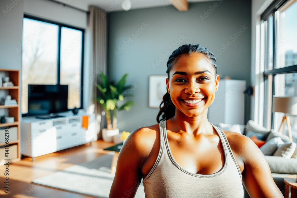 Happy Woman in Cozy Home Fitness