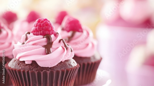 Berry Bliss Cupcakes: A close-up shot showcases decadent chocolate cupcakes, topped with swirls of pastel pink frosting and crowned with fresh, vibrant raspberries, inviting a sweet treat experience.