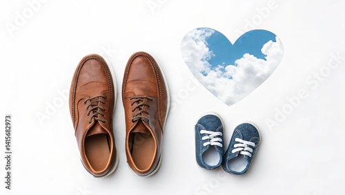 Pair of adult and child shoes with heart-shaped cloud on a white background, representing family and love. Concept of parenthood and unity