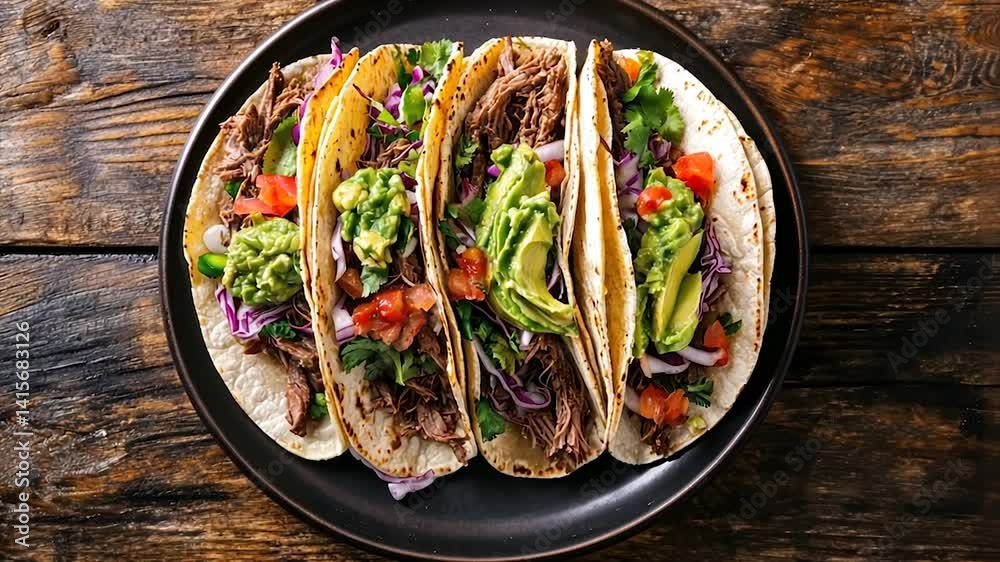 Delicious shredded beef tacos with toppings