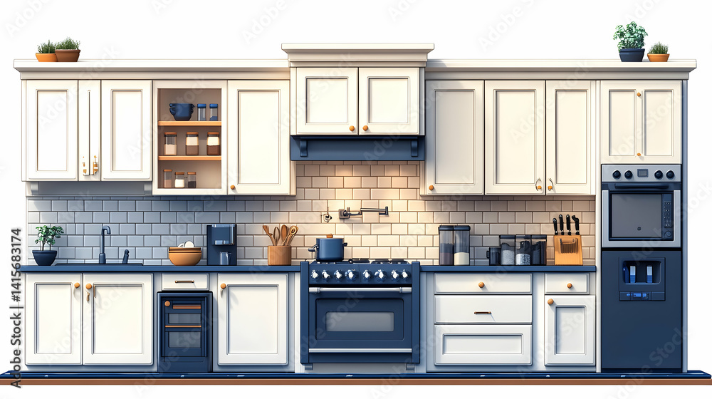 Fototapeta premium Elegant kitchen featuring white cabinetry blue accents tiled backsplash various appliances and potted plants