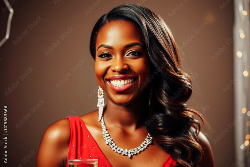 African Woman in Red Gown and Sparkling Jewellery