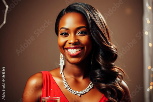 Obraz na płótnie African Woman in Red Gown and Sparkling Jewellery w salonie