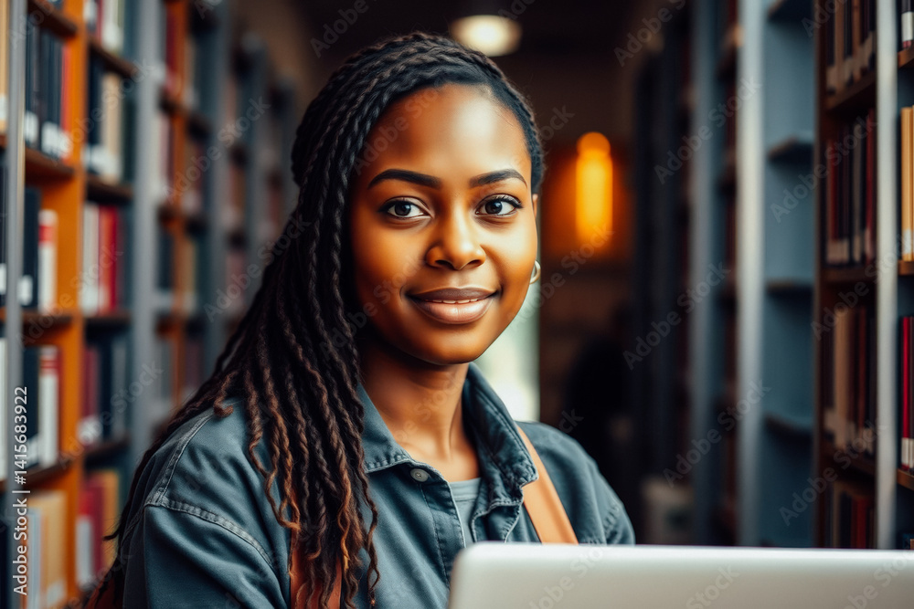 Smiling Student in Library with Laptop