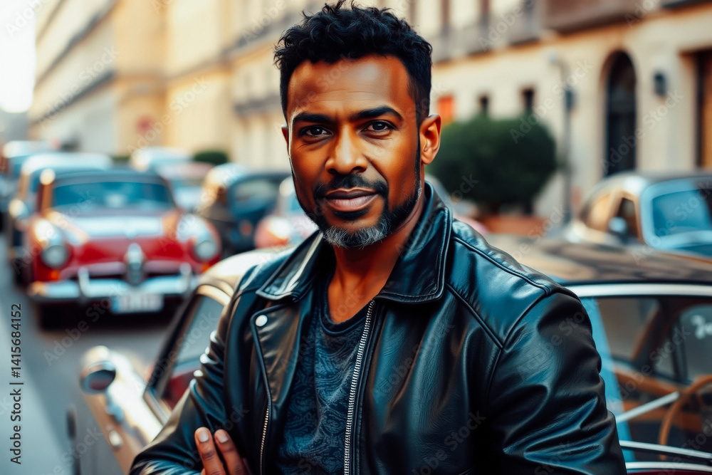 Stylish Man in Leather Jacket by Vintage Cars