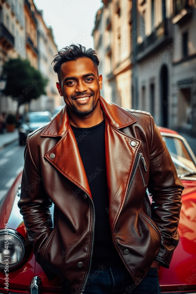 Stylish Man in Leather Jacket by Retro Car