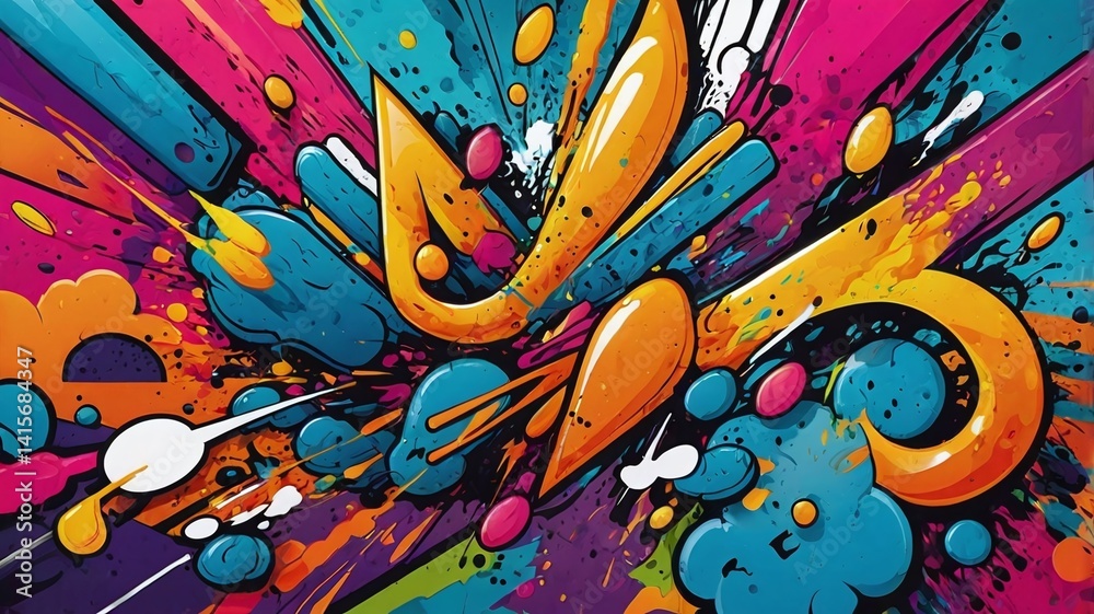 Fototapeta premium Abstract Comic Style Graffiti Colorful Digital Art Background: Vibrant Fluid Forms and Multi-Color Geometric Cartoon Shapes for Trendy Modern Design – Perfect for Placards, Banners, and Cover 