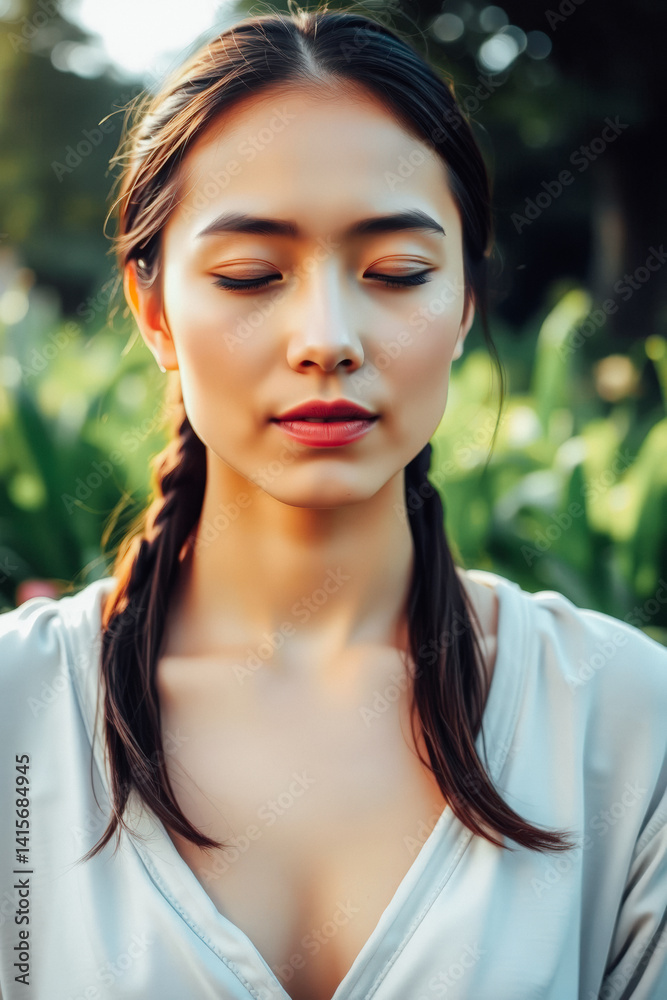 Peaceful Asian Woman Outdoors, Natural Beauty