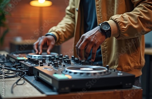 Modern black man adjusts sound on dj set in studio, loft. Male deejay turning mixers, creating music. Hipster, home. Entertainment, leisure, skill. Technology, audio, modern job.