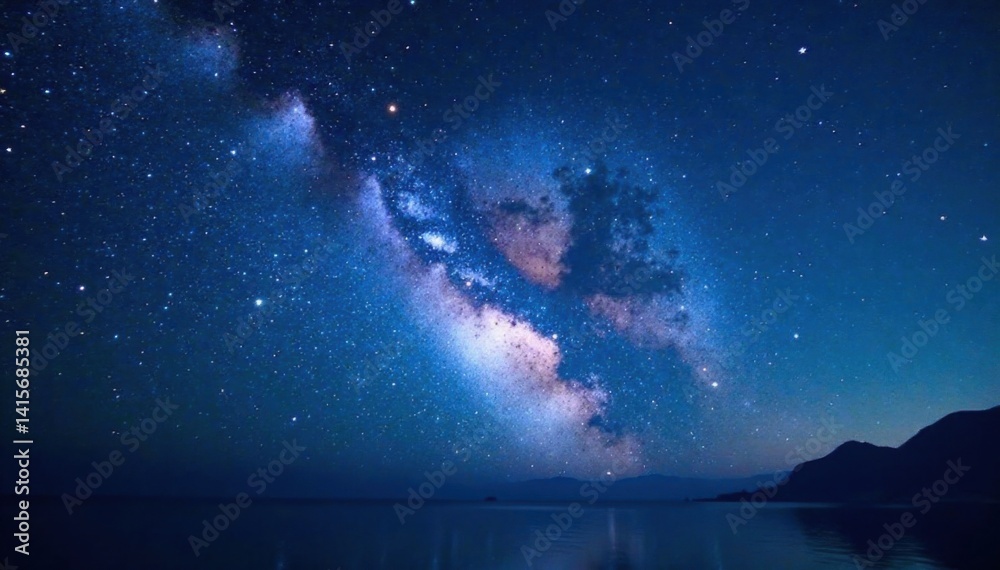 Fototapeta premium Milky Way galaxy with stars and celestial objects in a deep blue background, astrophysics, space, galaxy