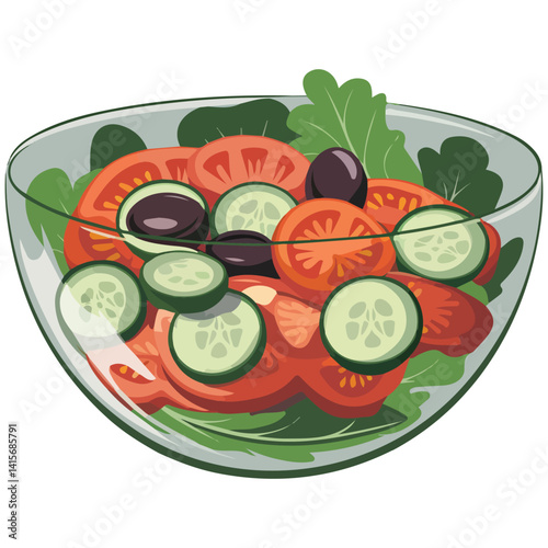 glass bowl fresh vegetables salad isolated vector illustration on white background