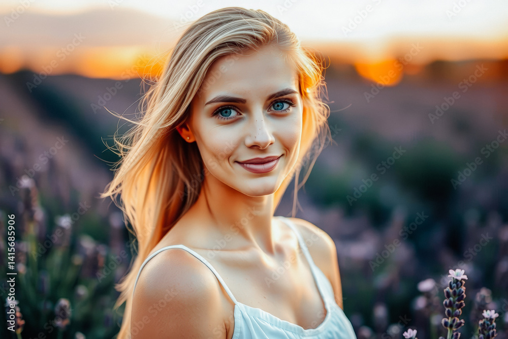 Radiant Woman in a Lavender Field at Sunset